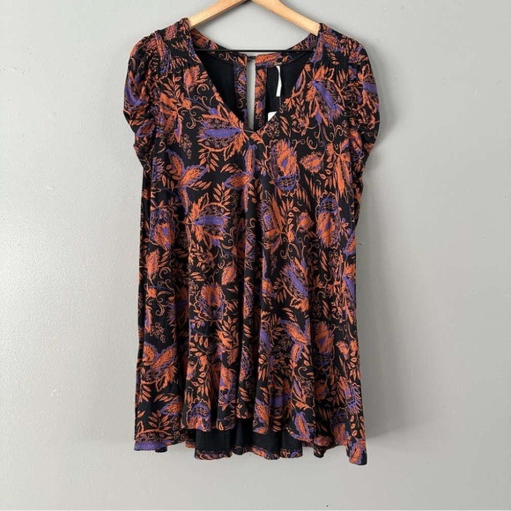 Free People Hello Lover Puff Sleeve Noir Combo Tunic Mini Dress | Black + Bronze